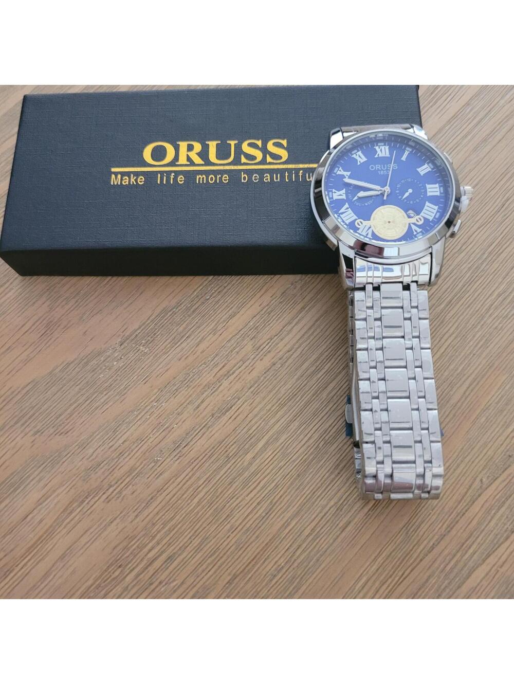 ORUSS Men's Stainless Steel Silver Watch with Blue Dial